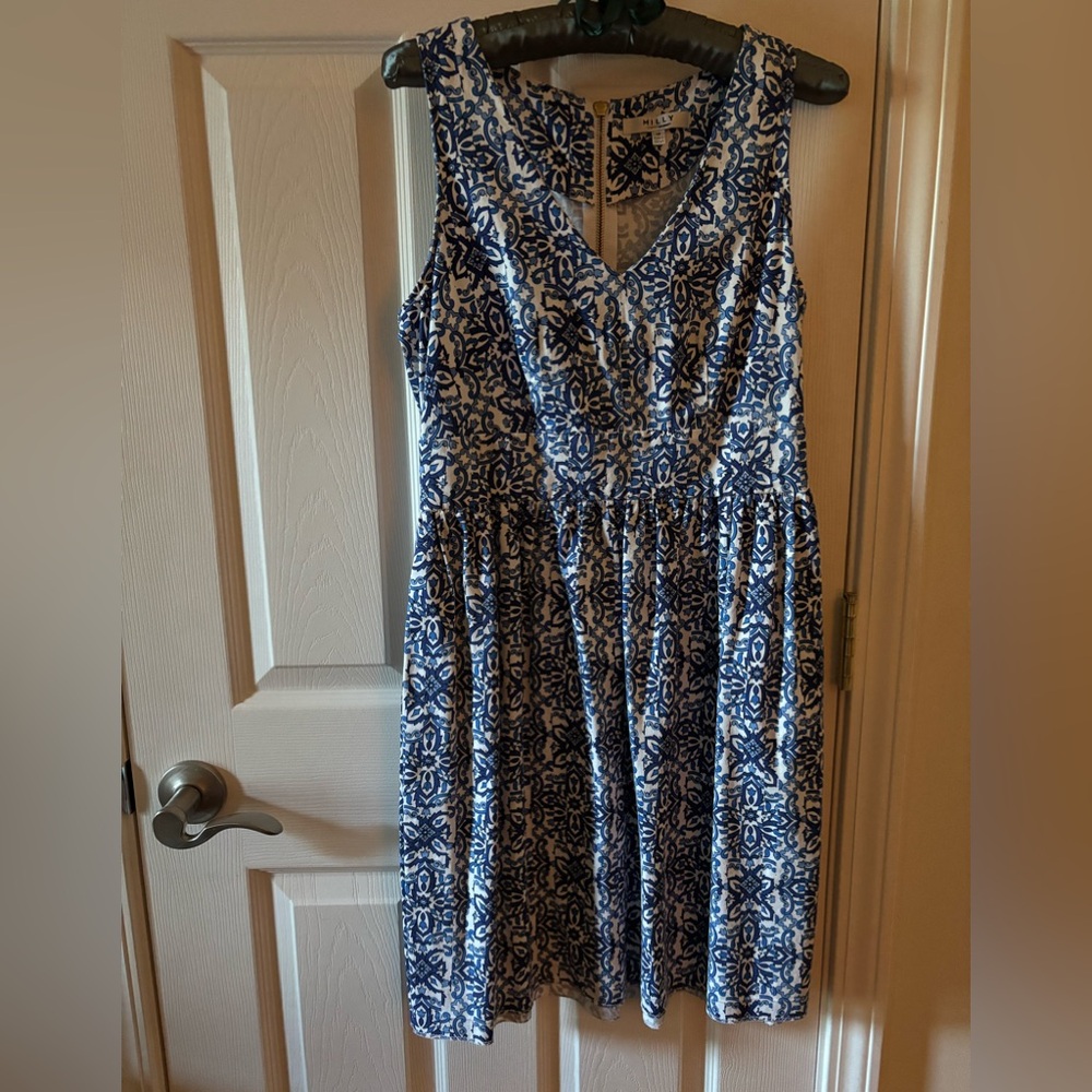 Milly blue & white cotton gathered waist dress with back zipper size 10